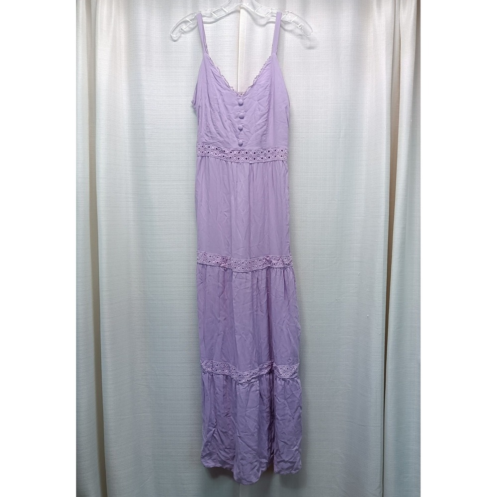 Red Leaf Lavender Crochet Lace Tiered Maxi Dress Purple Boho Smocked Back Medium